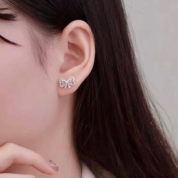 New 14K White Gold Plated Delicate Women’s CZ Pave Bow Stud Earrings - Picture 8 of 11